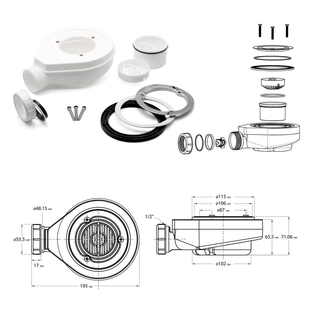 BOREAL - Base de duche antiderrapante com acabamento preto e sifão incluído