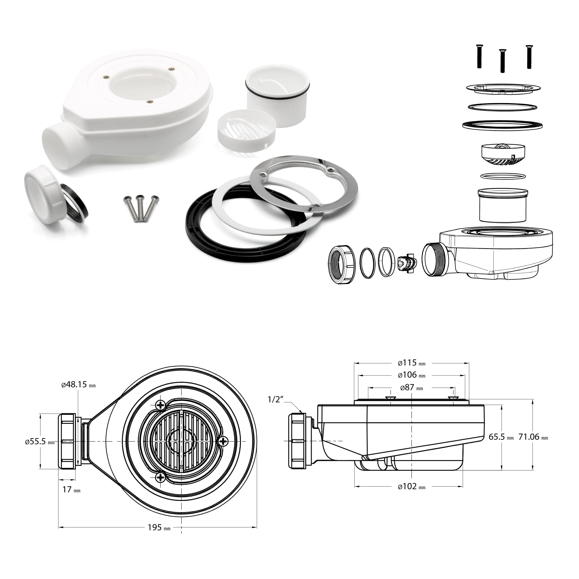 BOREAL - Base de duche antiderrapante com acabamento preto e sifão incluído