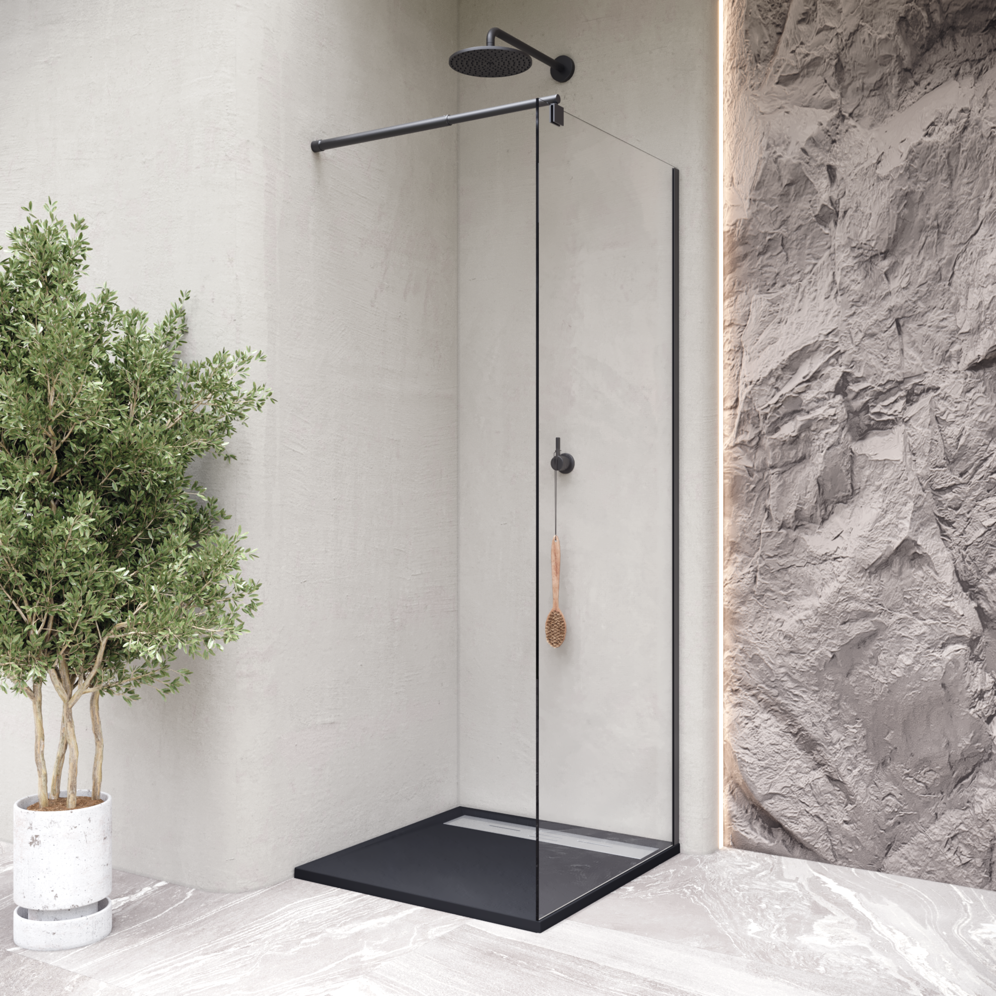 HIEMAL - Base de duche antiderrapante com acabamento preto e grelha inox incluída