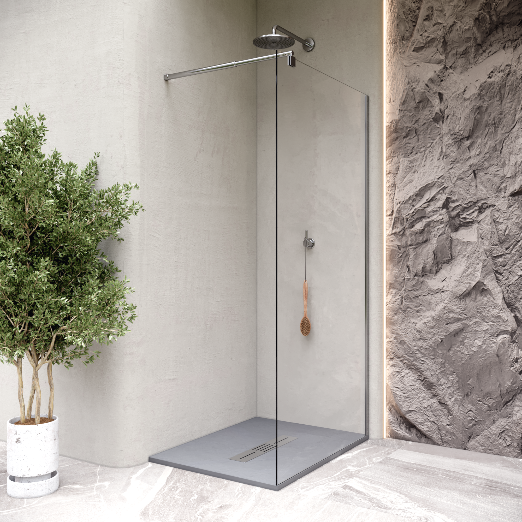 LUMIA - Base de duche antiderrapante com acabamento cinzento e grelha inox incluída