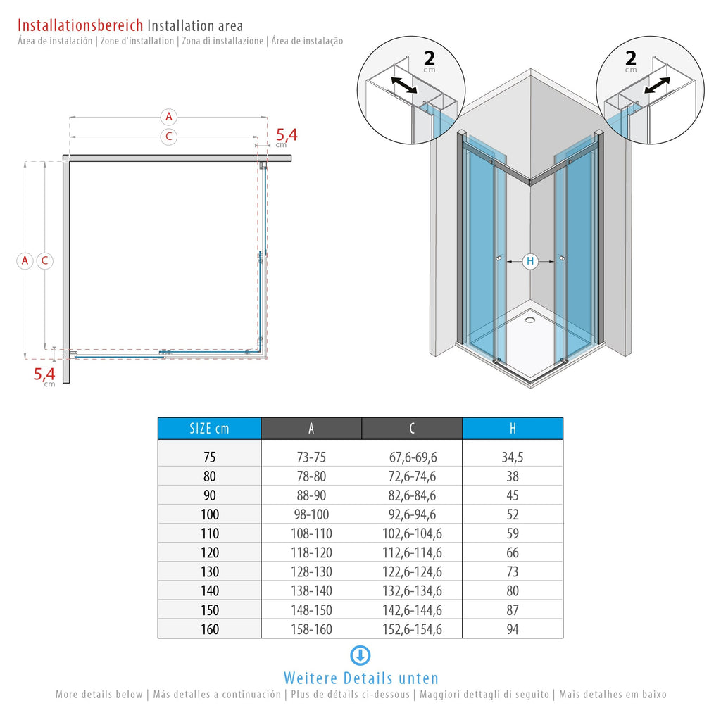 KAYLEE - Cabine de duche de canto com portas de correr, vidro transparente 6 mm e perfil preto mate