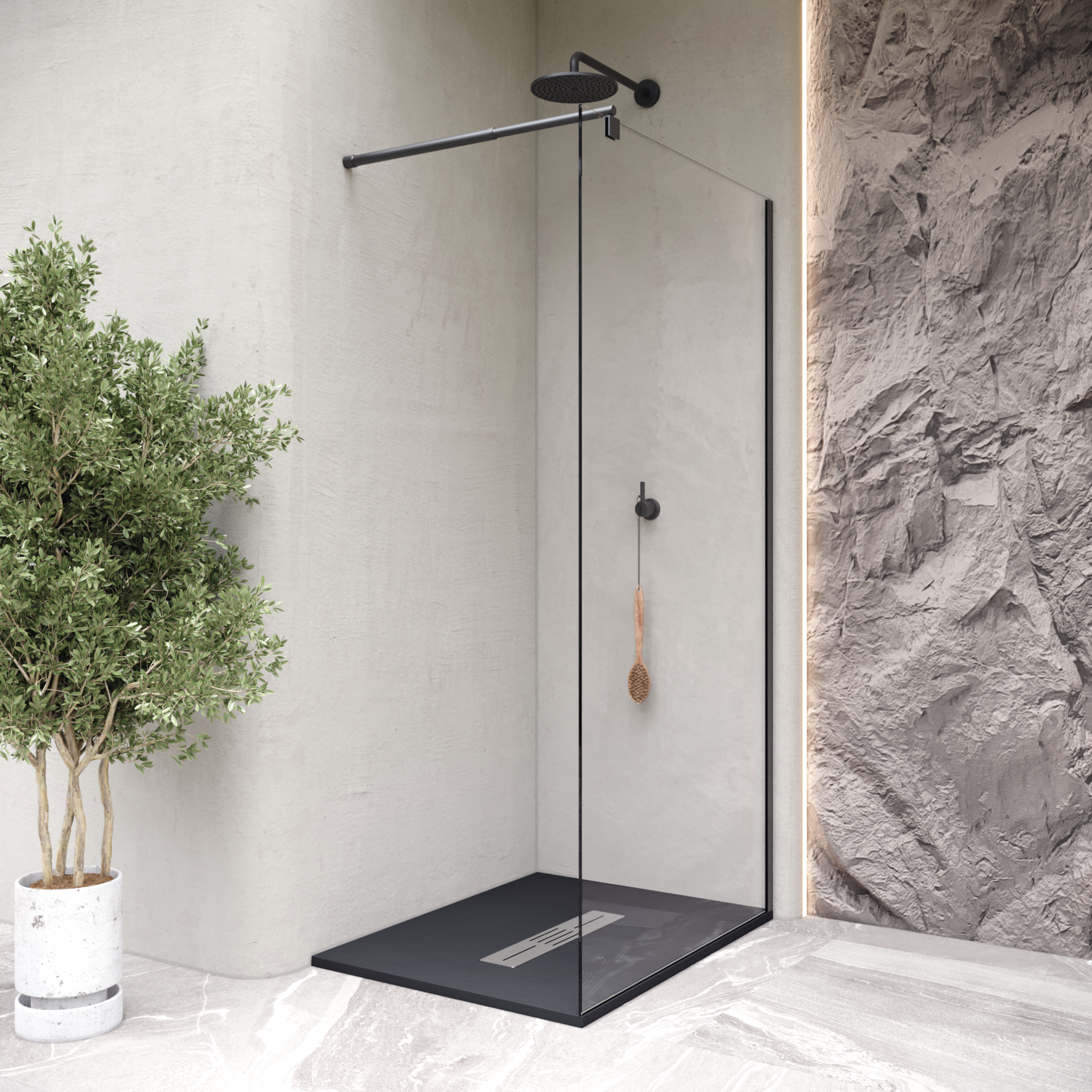 LUMIA - Base de duche antiderrapante com acabamento preto e grelha inox incluída