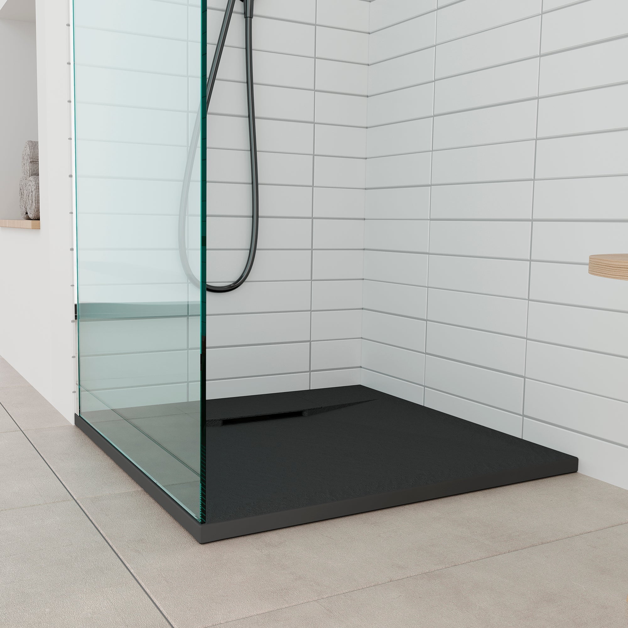 POLAR - Base de duche antiderrapante com acabamento preto e sifão incluído