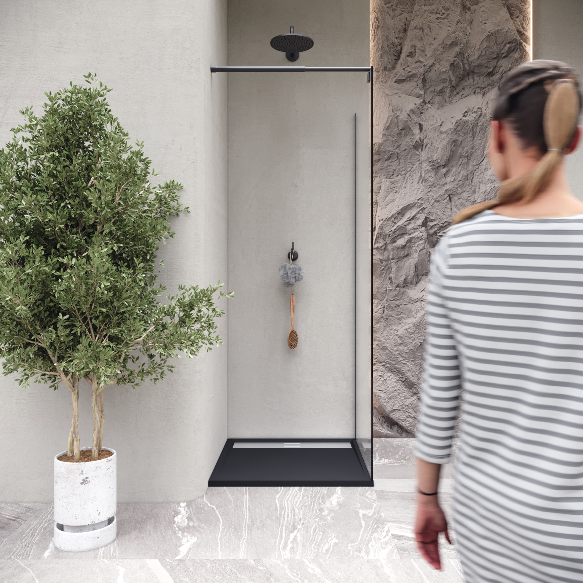 HIEMAL - Base de duche antiderrapante com acabamento preto e grelha inox incluída