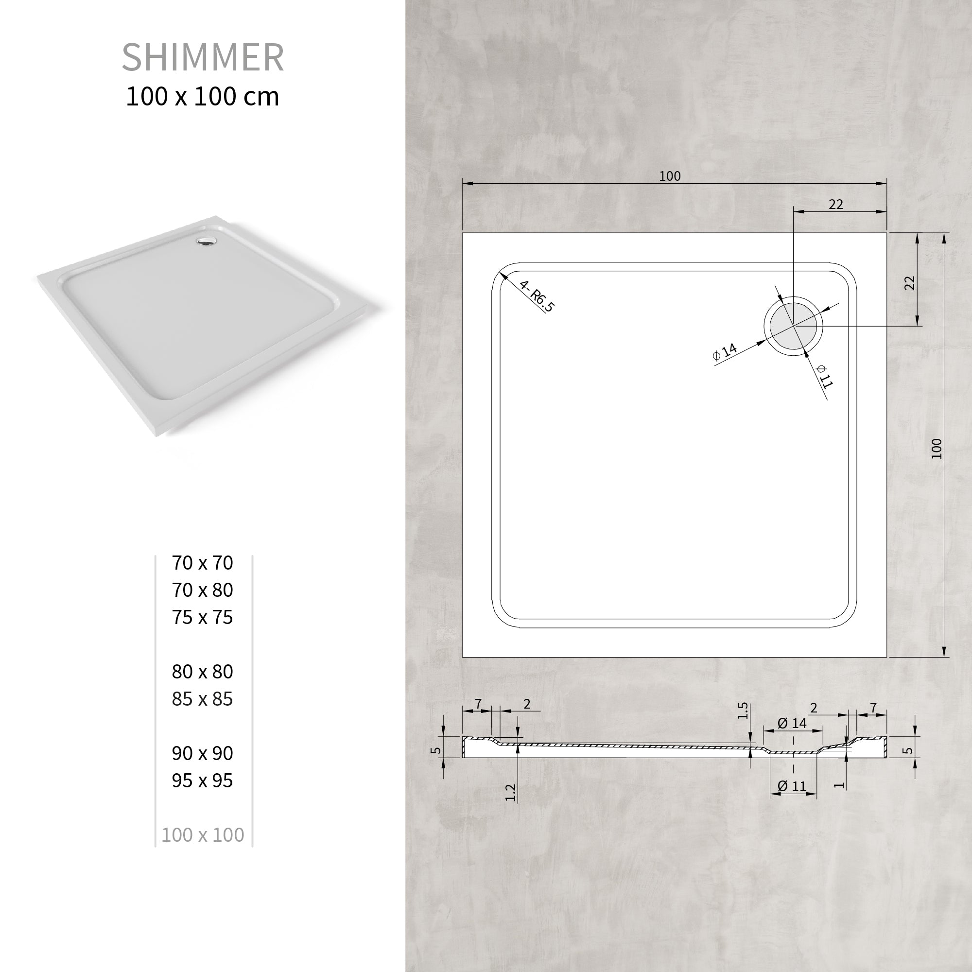 SHIMMER - Piatto doccia acrilico liscio ultrapiatto con finitura bianca e piletta inclusa