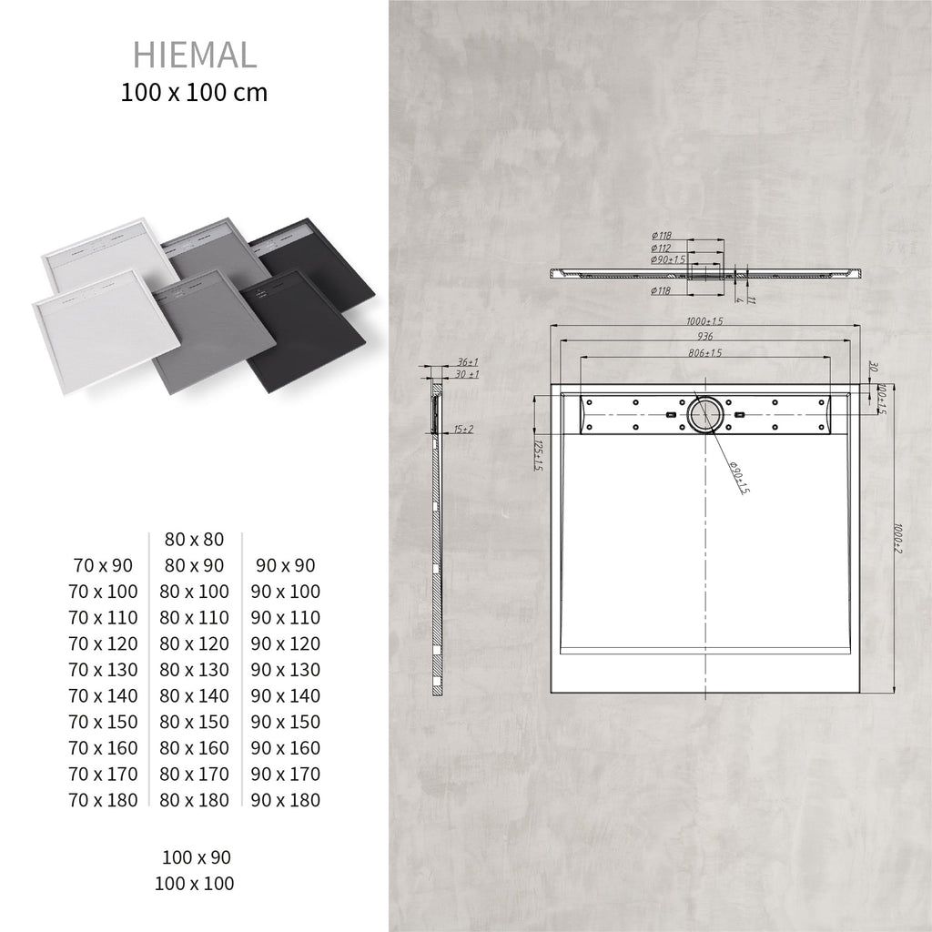 HIEMAL - Base de duche antiderrapante com acabamento preto e grelha inox incluída