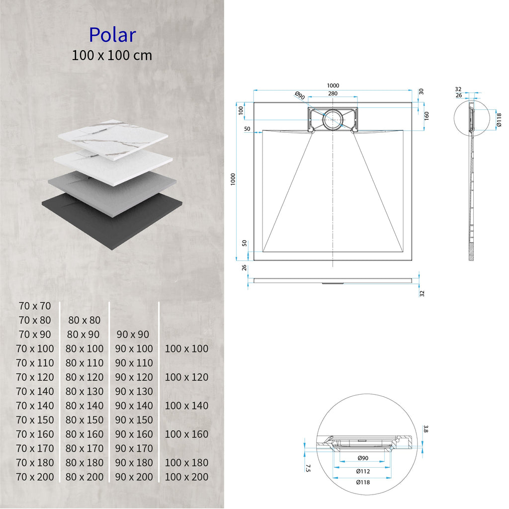 POLAR - Base de duche antiderrapante com acabamento preto e sifão incluído