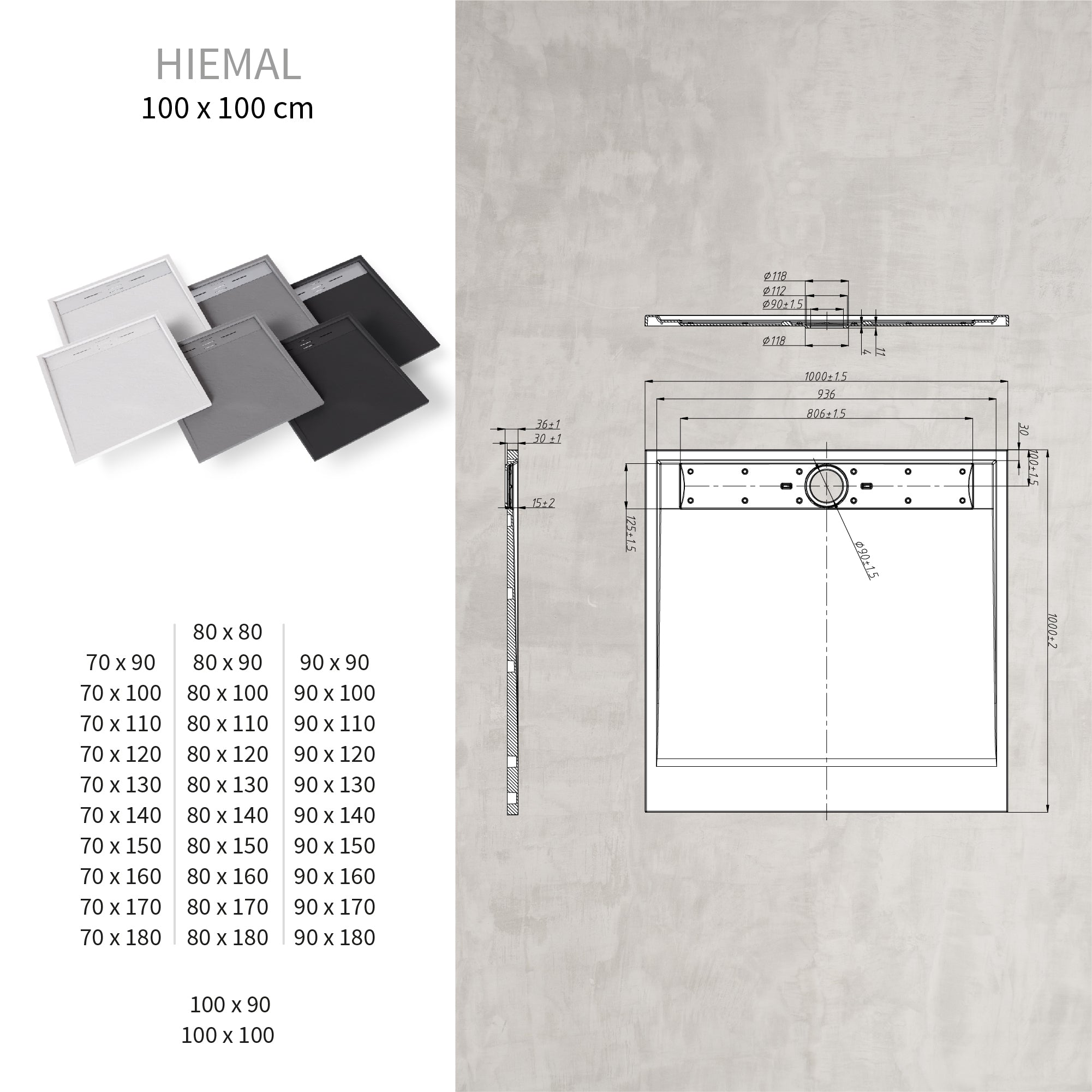 HIEMAL - Base de duche antiderrapante com acabamento cinzento e grelha inox incluída