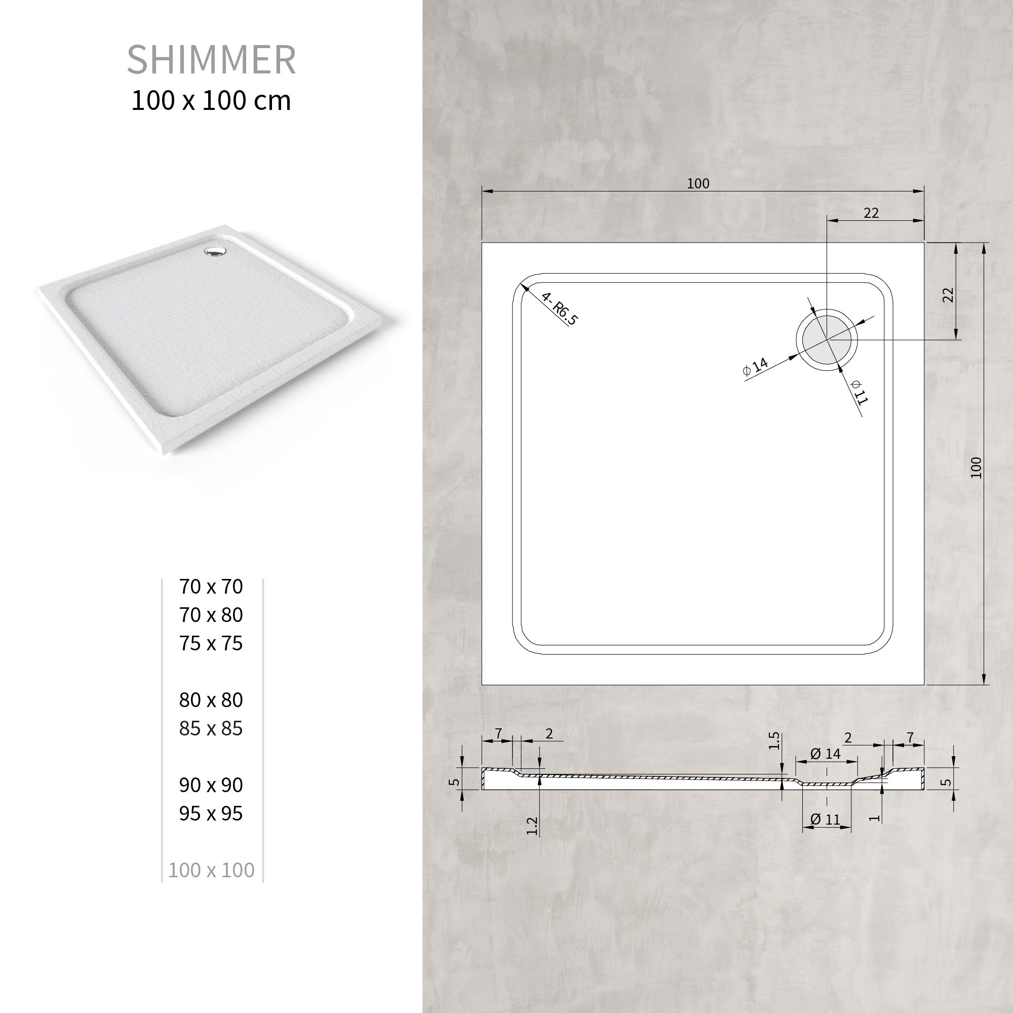 SHIMMER - Base de duche acrílica efeito pedra extraplana com acabamento branco e sifão incluído