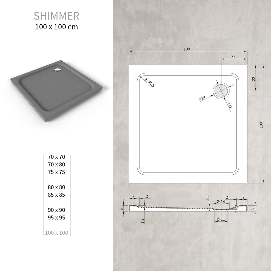 SHIMMER - Plato de ducha acrílico efecto piedra extraplano con acabado gris y sifón incluido