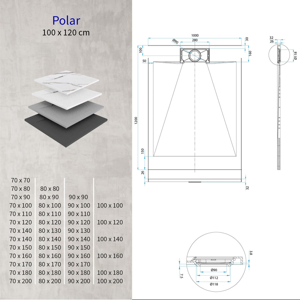 POLAR - Base de duche antiderrapante com acabamento preto e sifão incluído