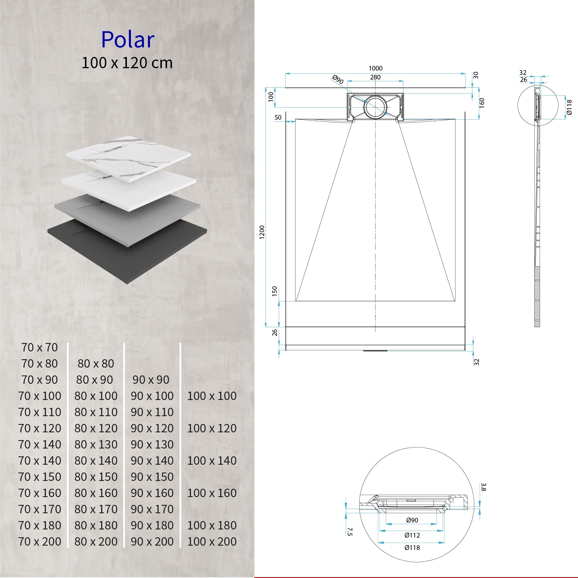 POLAR - Base de duche antiderrapante com acabamento preto e sifão incluído
