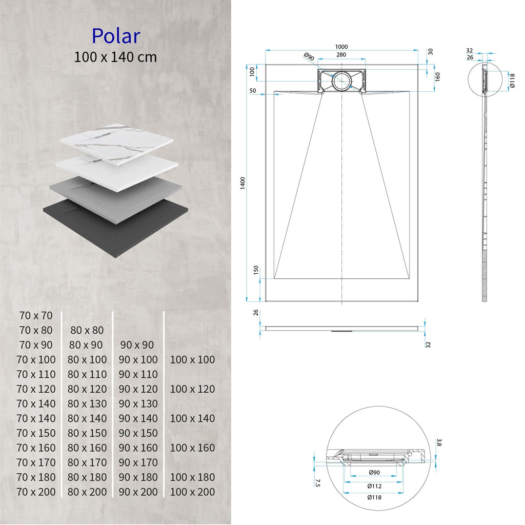 POLAR - Base de duche antiderrapante com acabamento preto e sifão incluído