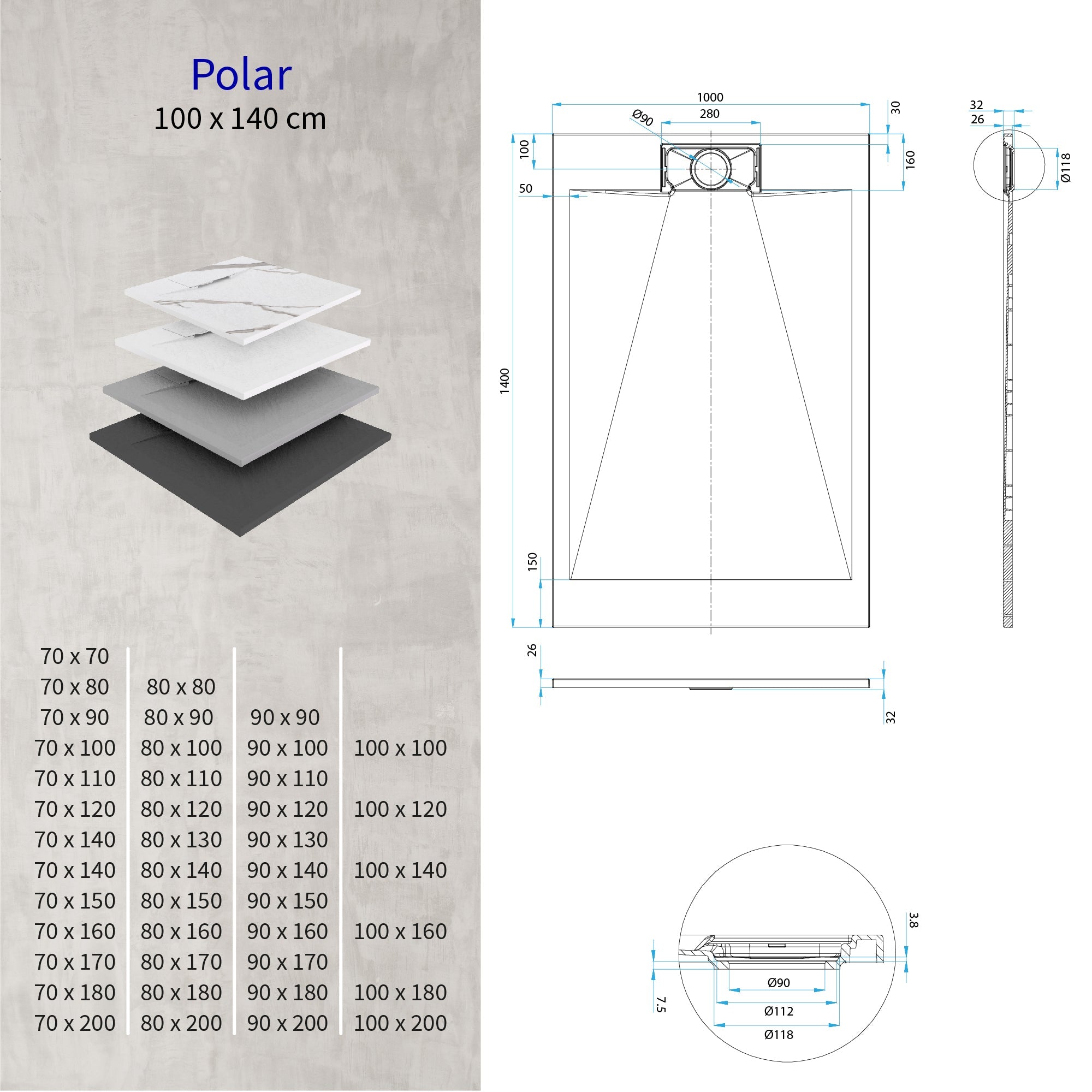 POLAR - Base de duche antiderrapante com acabamento preto e sifão incluído