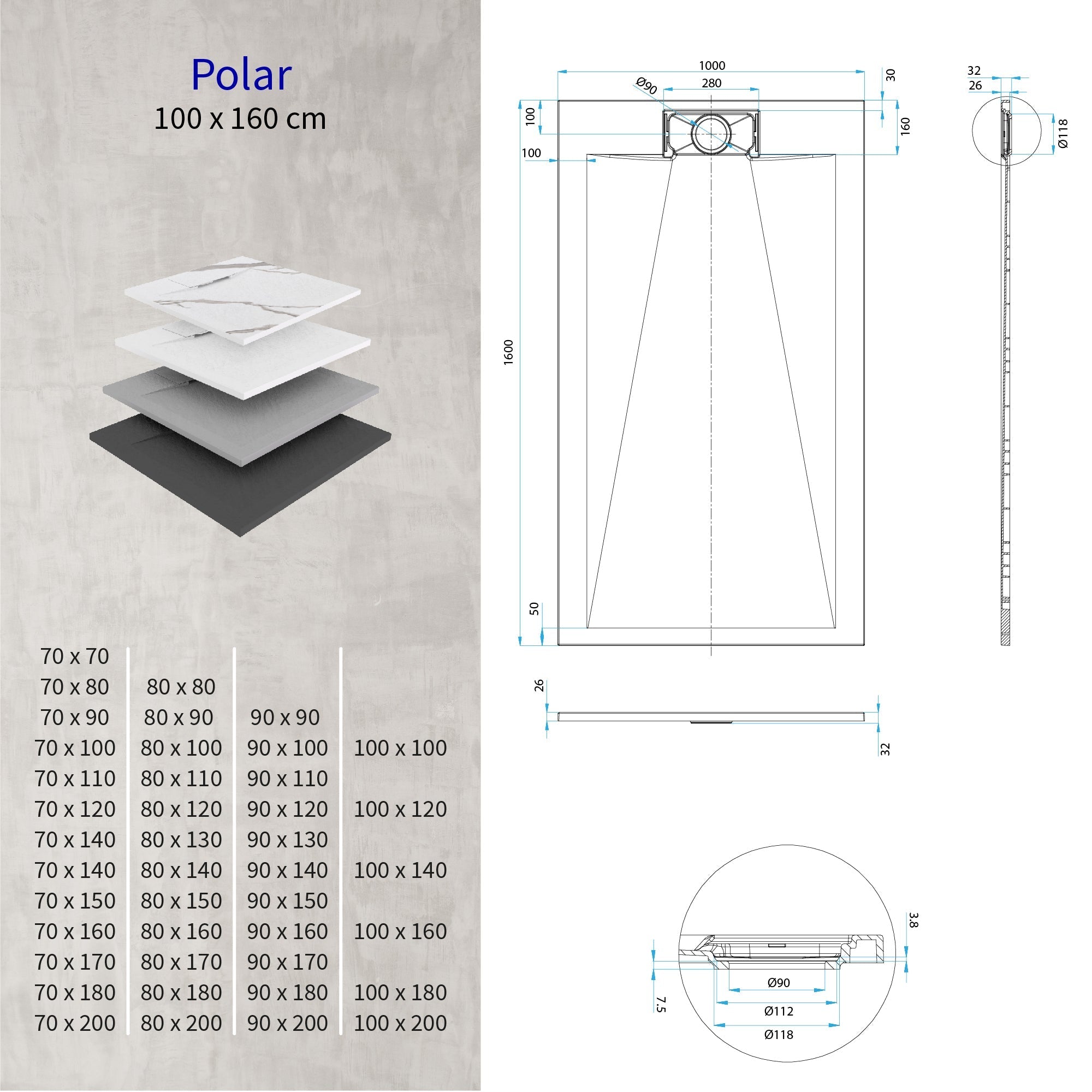 POLAR - Base de duche antiderrapante com acabamento preto e sifão incluído