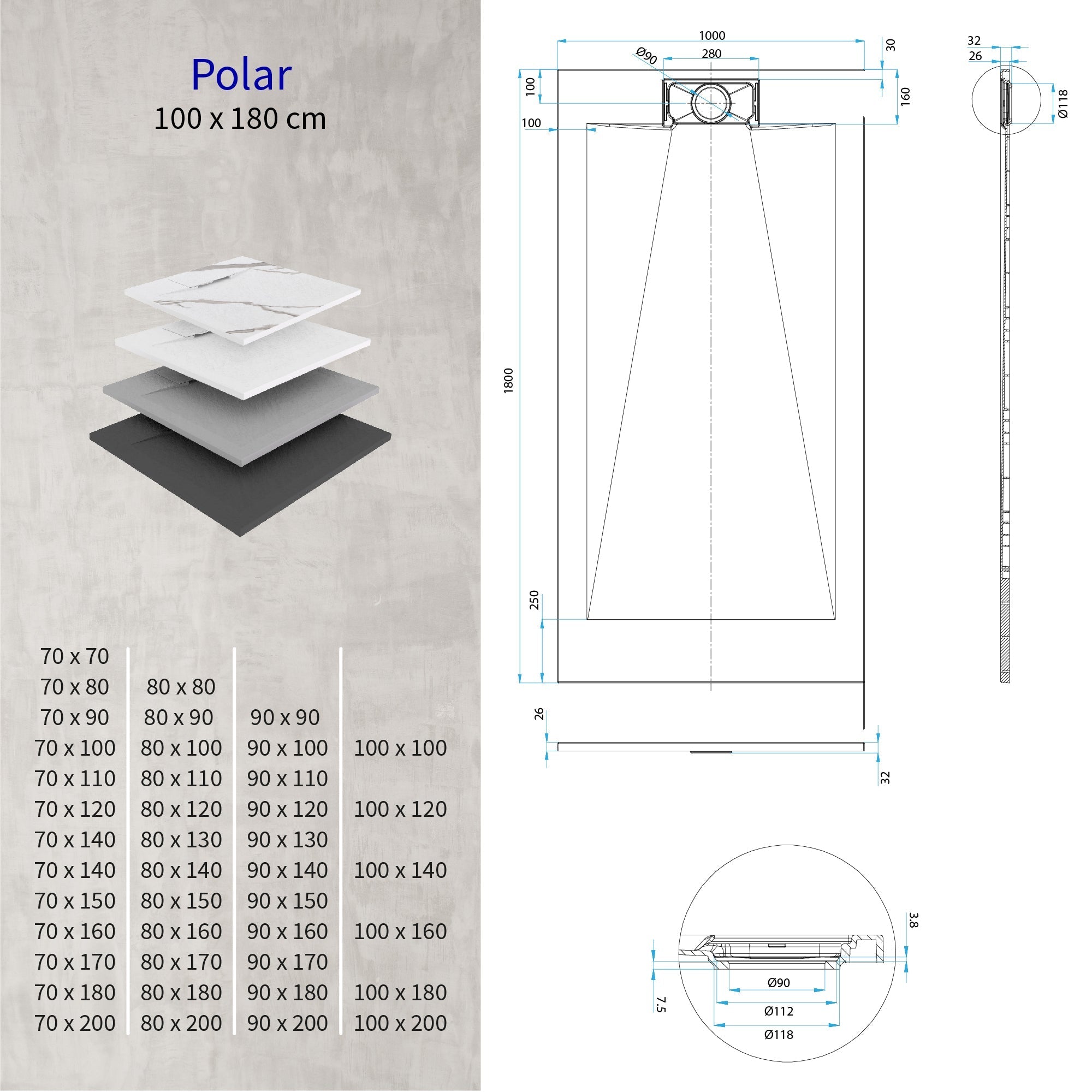 POLAR - Base de duche antiderrapante com acabamento branco e sifão incluído