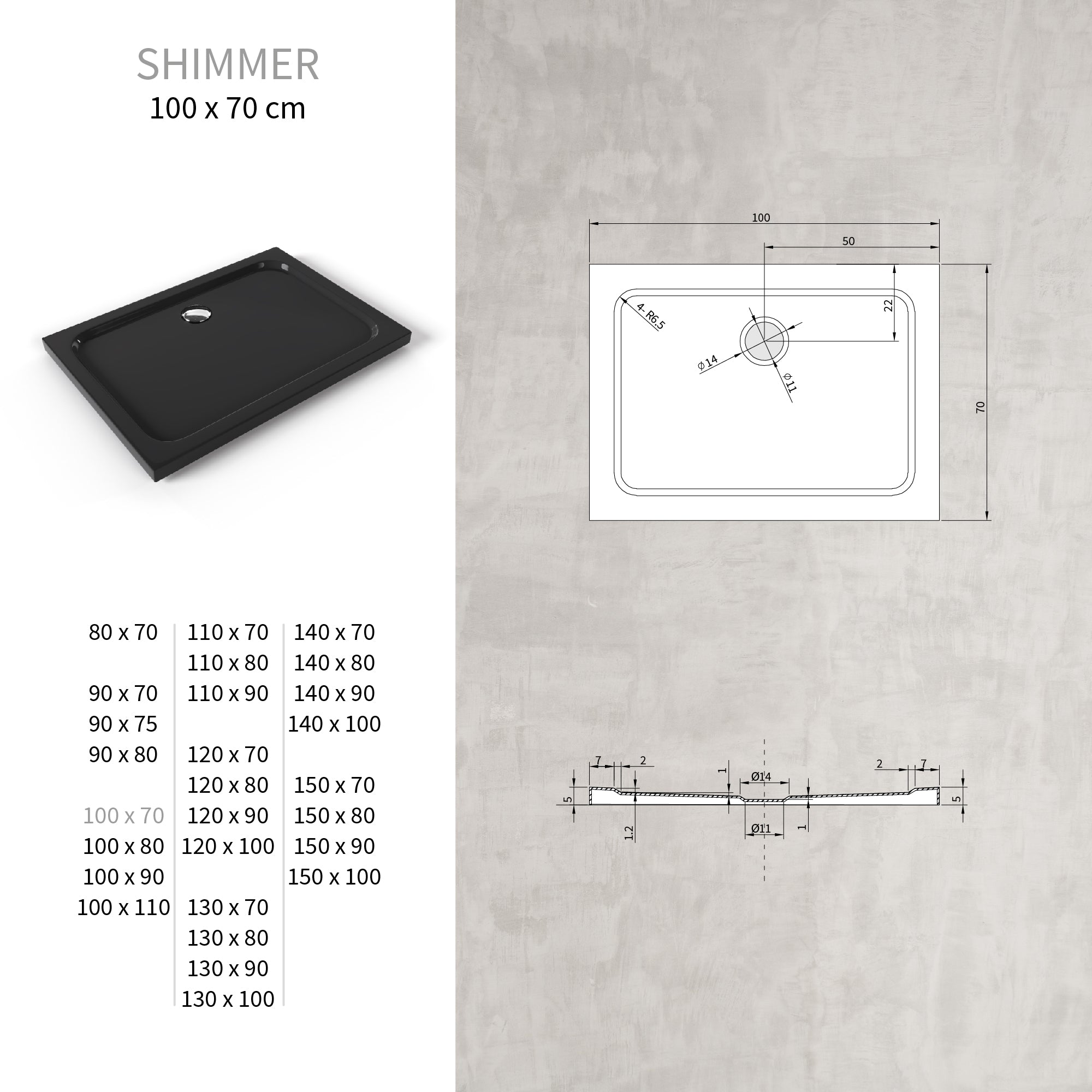 SHIMMER - Base de duche acrílica lisa extraplana com acabamento preto e sifão incluído