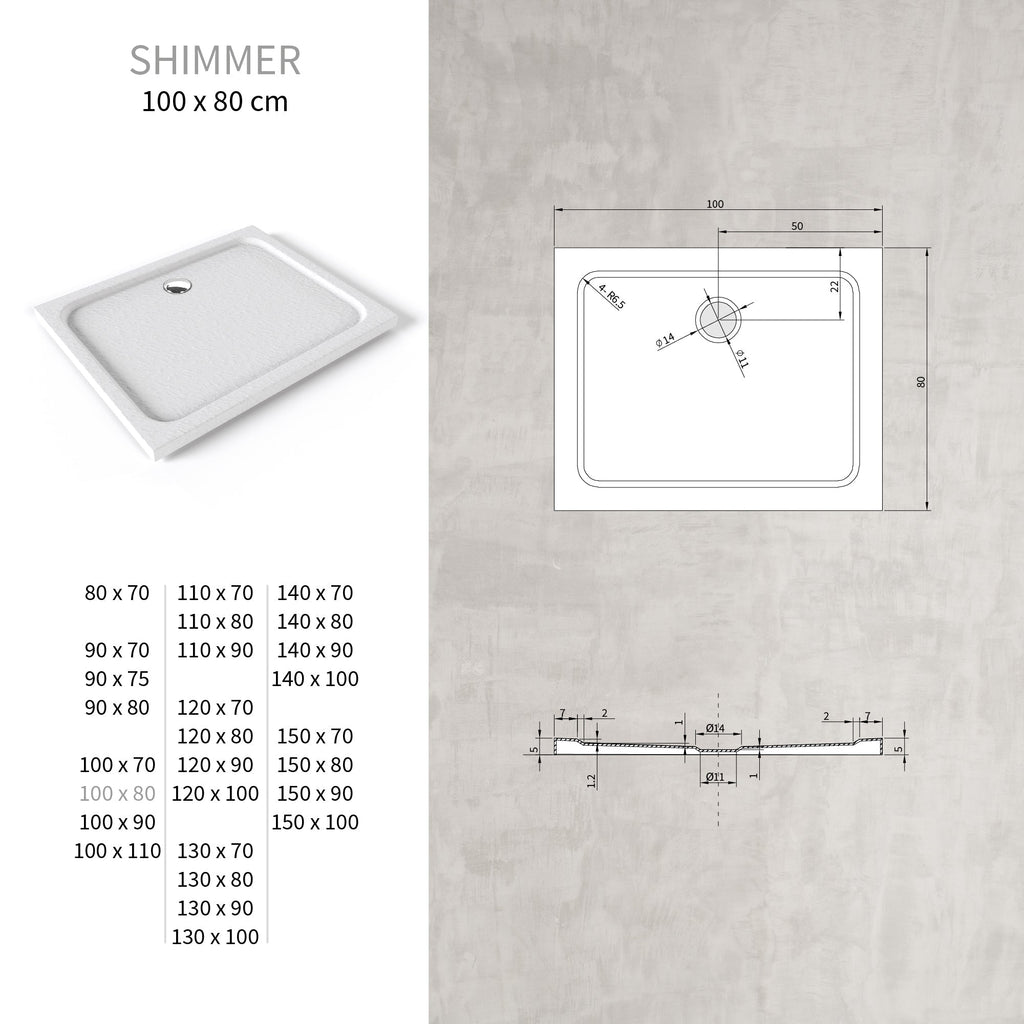 SHIMMER - Base de duche acrílica efeito pedra extraplana com acabamento branco e sifão incluído