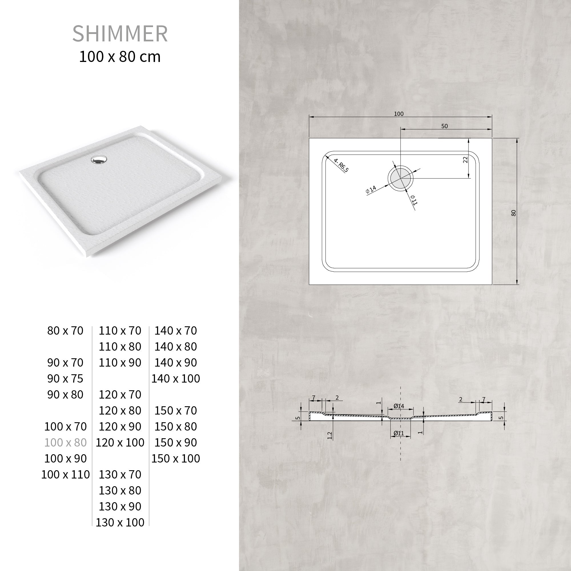SHIMMER - Base de duche acrílica efeito pedra extraplana com acabamento branco e sifão incluído
