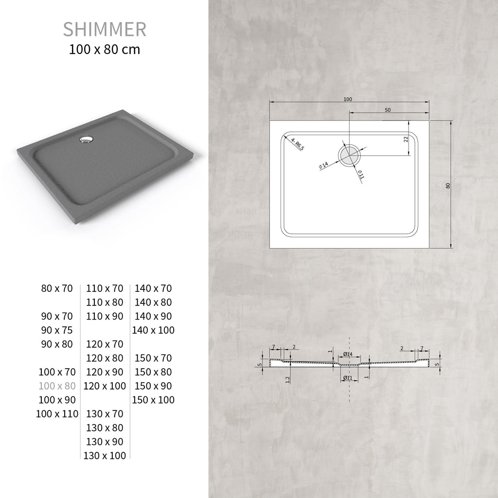 SHIMMER - Plato de ducha acrílico efecto piedra extraplano con acabado gris y sifón incluido