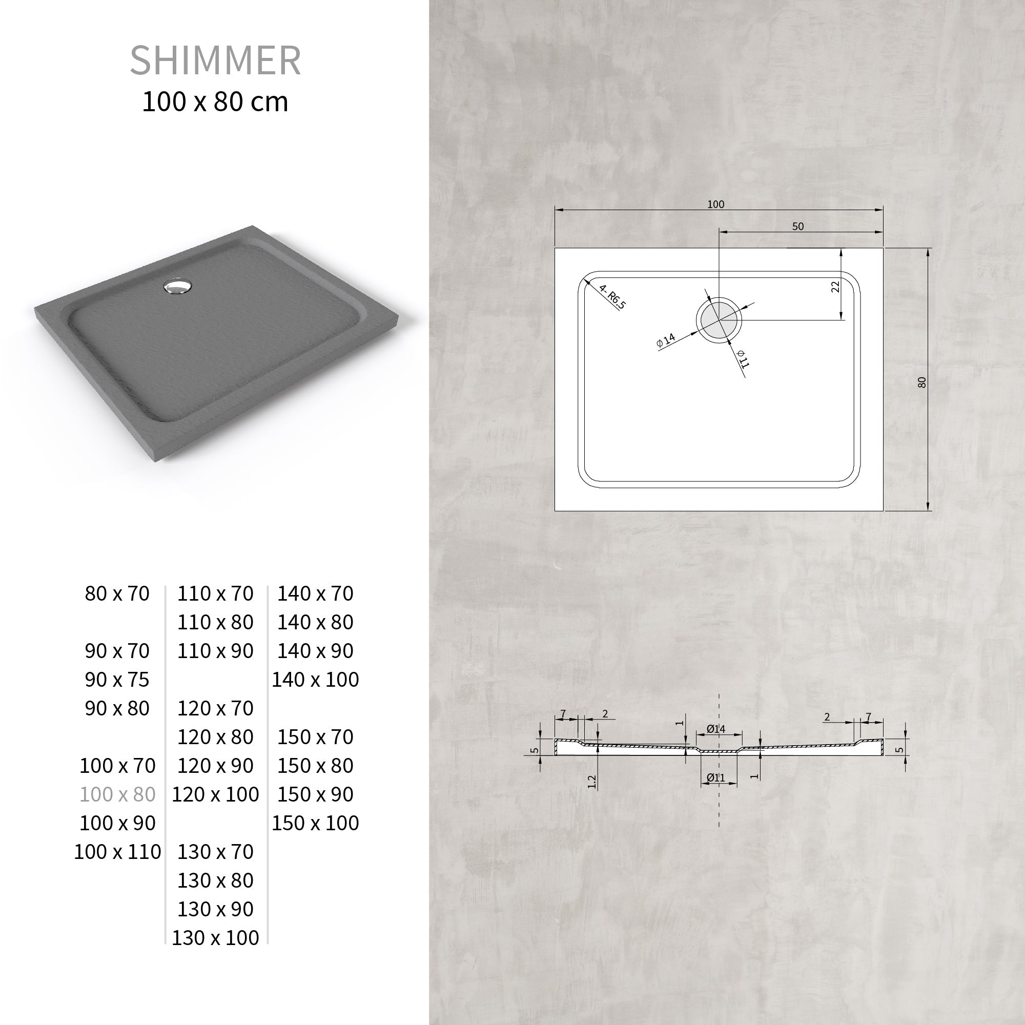 SHIMMER - Plato de ducha acrílico efecto piedra extraplano con acabado gris y sifón incluido