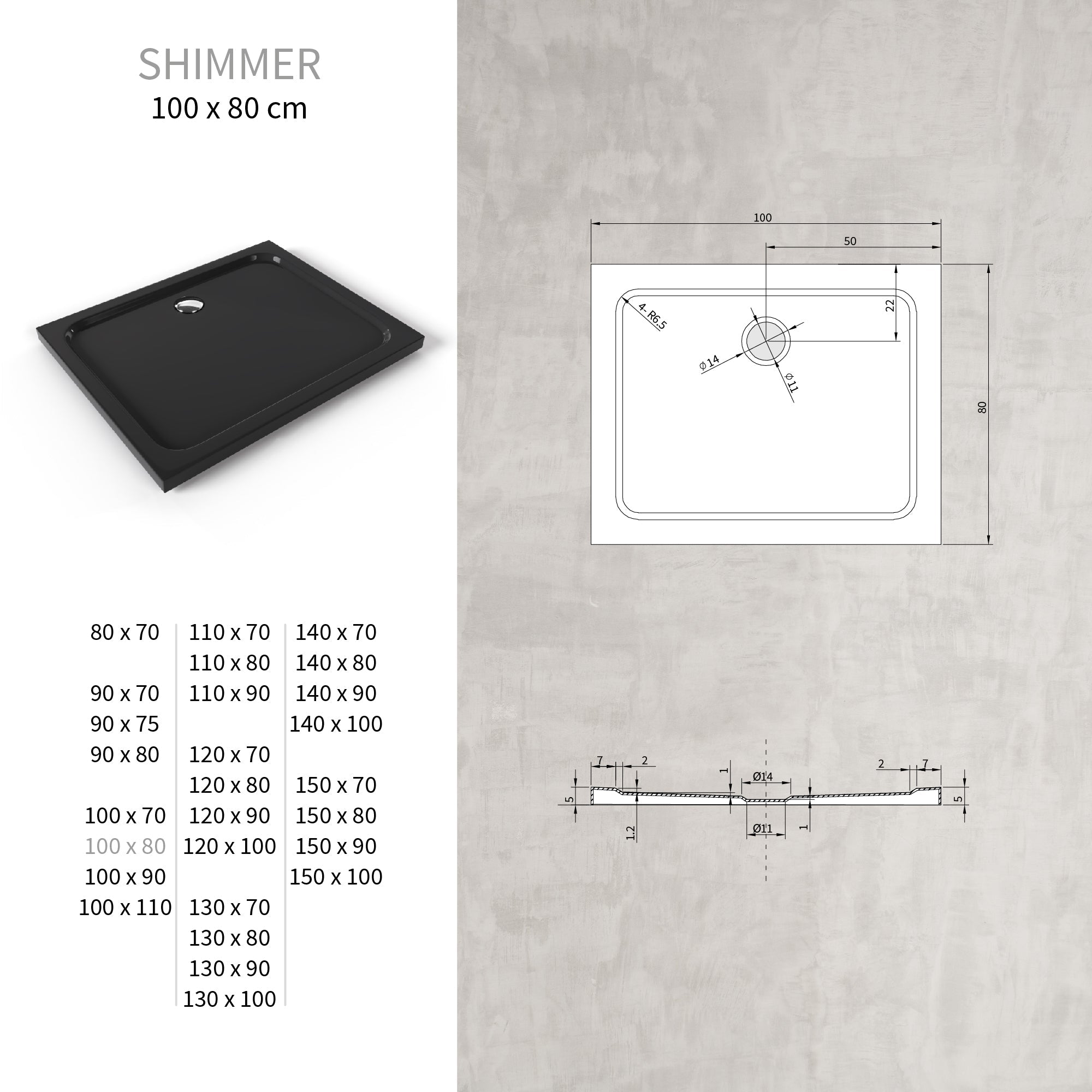 SHIMMER - Piatto doccia acrilico liscio ultrapiatto con finitura nera e piletta inclusa