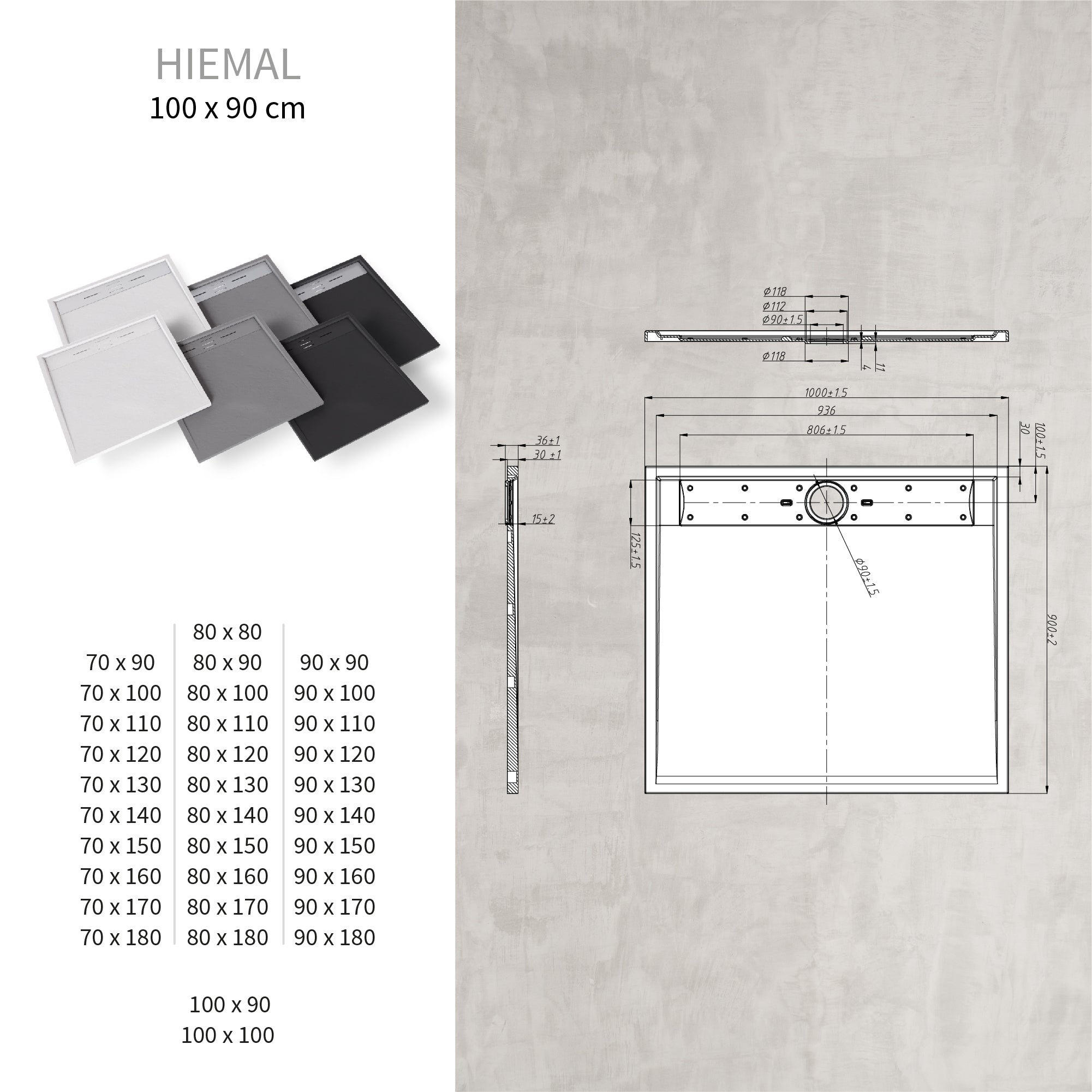 HIEMAL - Base de duche antiderrapante com acabamento cinzento e grelha inox incluída