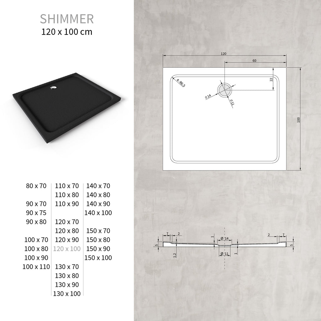 SHIMMER - Piatto doccia acrilico effetto pietra ultrapiatto con finitura nera e piletta inclusa