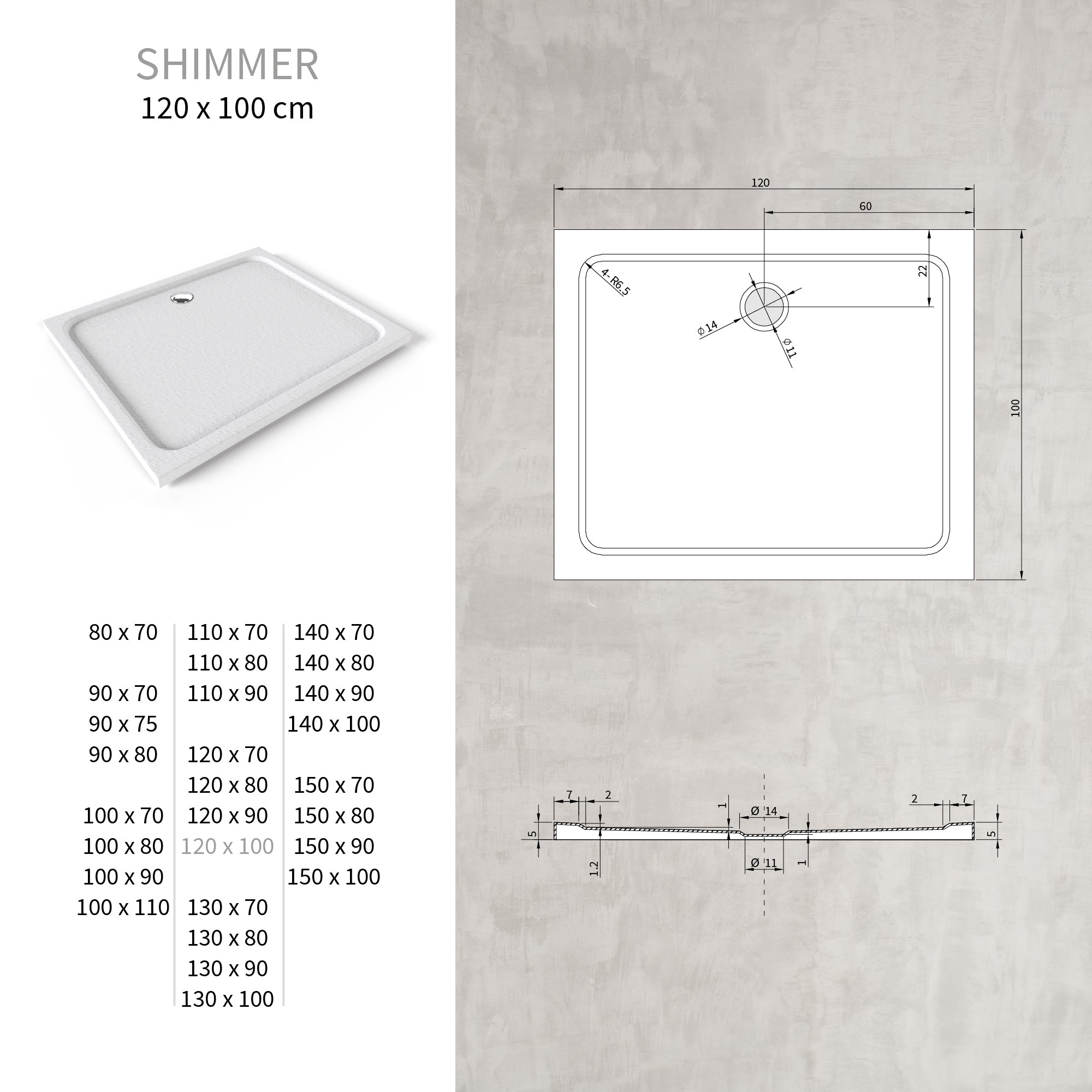 SHIMMER - Base de duche acrílica efeito pedra extraplana com acabamento branco e sifão incluído