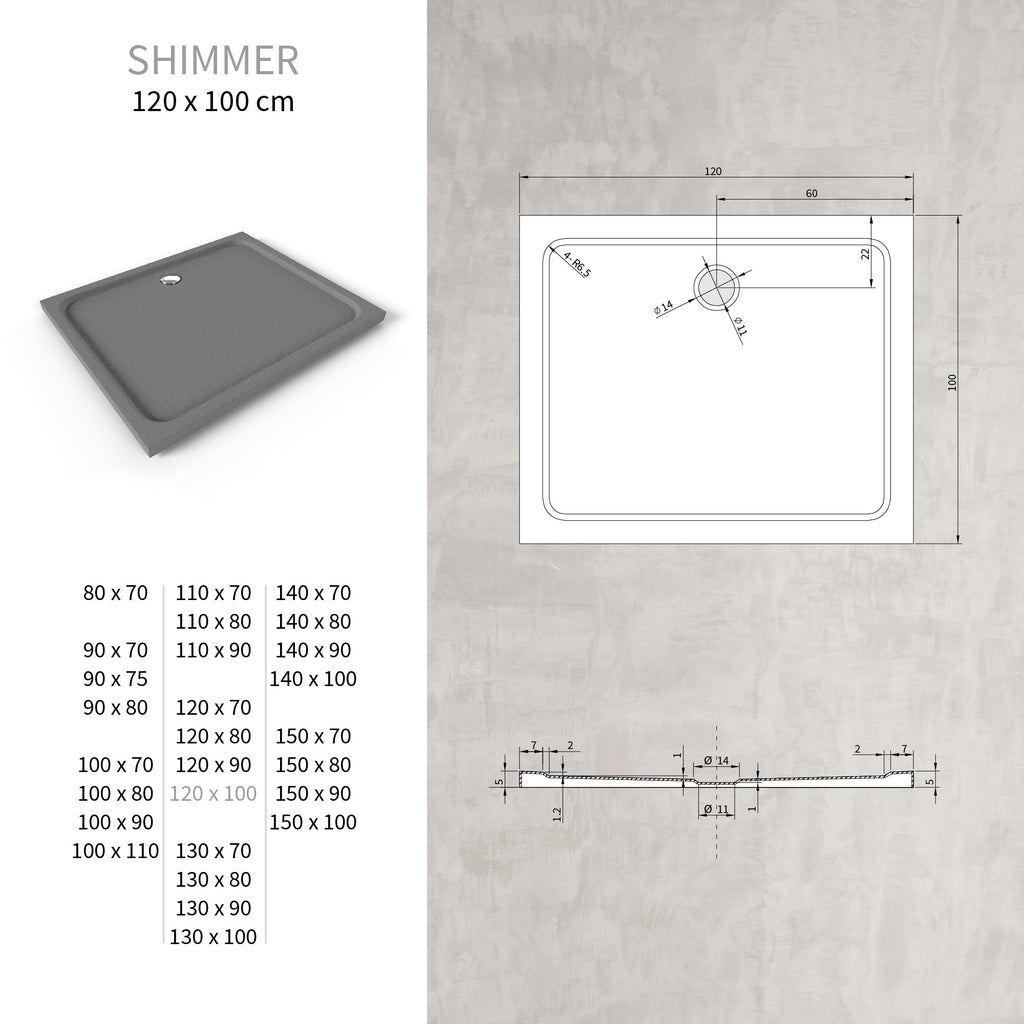 SHIMMER - Plato de ducha acrílico efecto piedra extraplano con acabado gris y sifón incluido