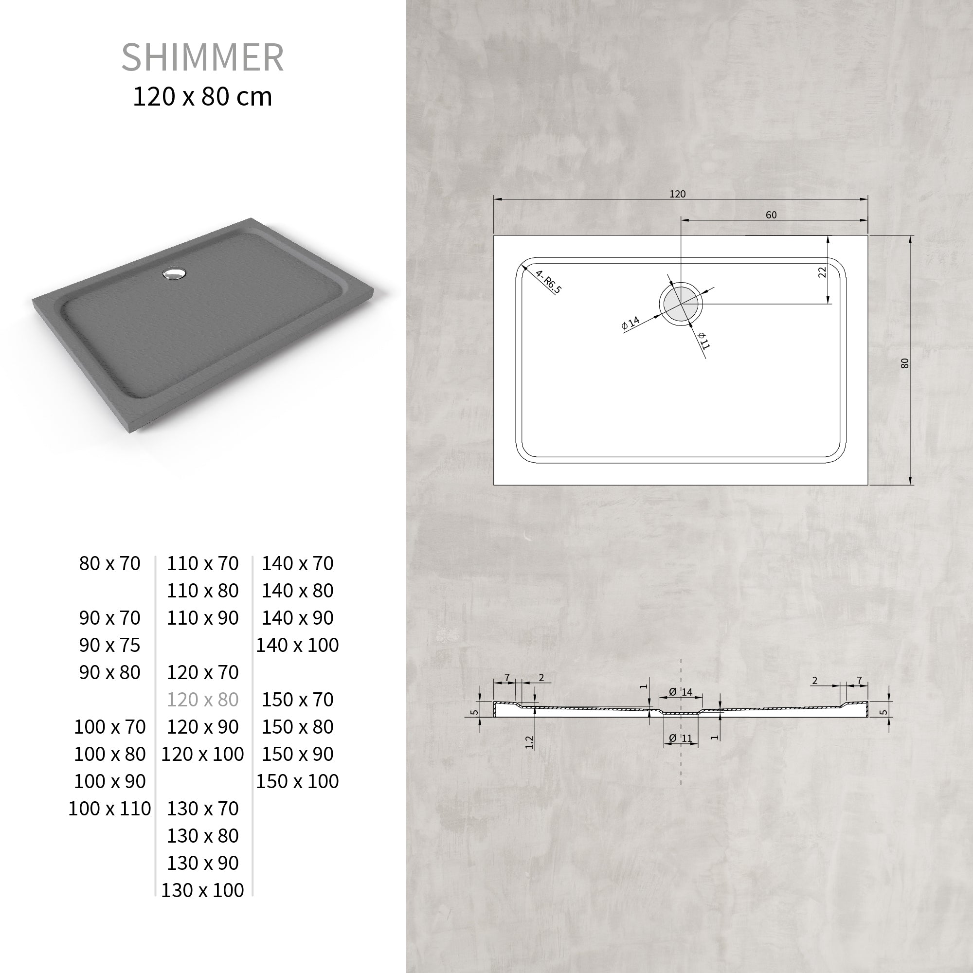 SHIMMER - Plato de ducha acrílico efecto piedra extraplano con acabado gris y sifón incluido