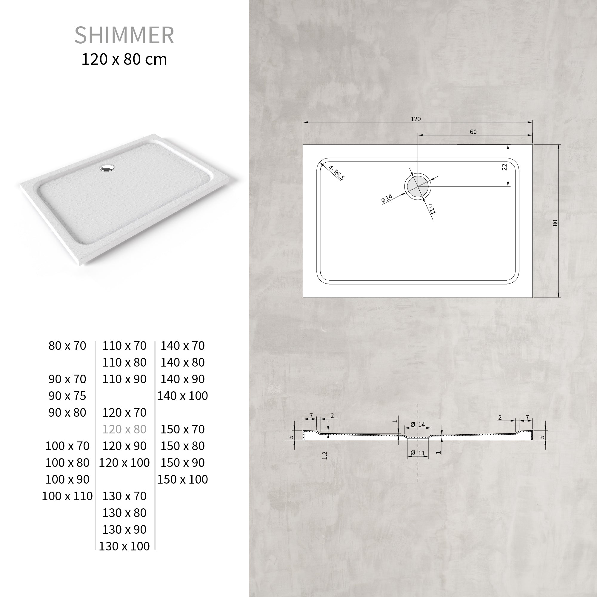 SHIMMER - Base de duche acrílica efeito pedra extraplana com acabamento branco e sifão incluído