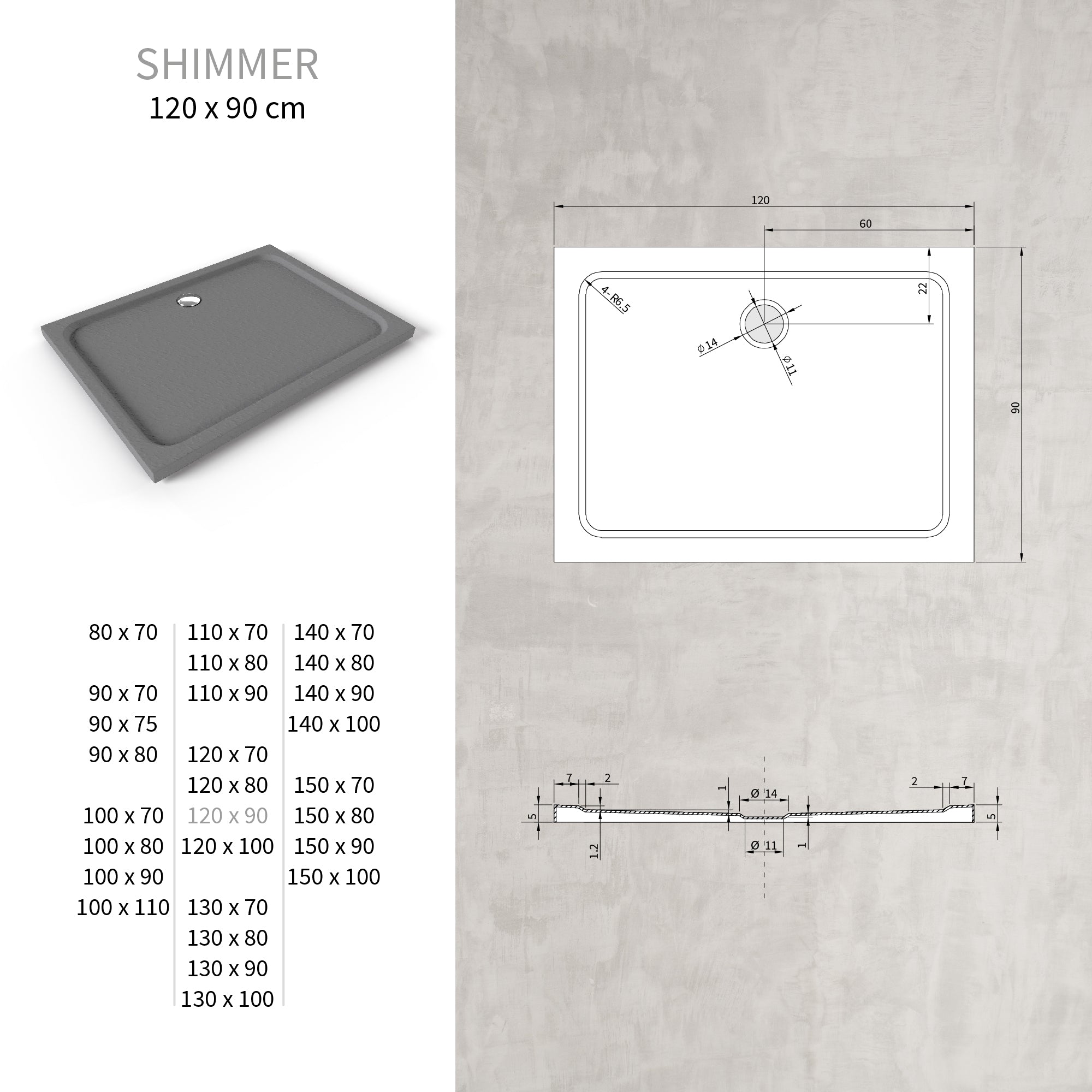 SHIMMER - Plato de ducha acrílico efecto piedra extraplano con acabado gris y sifón incluido