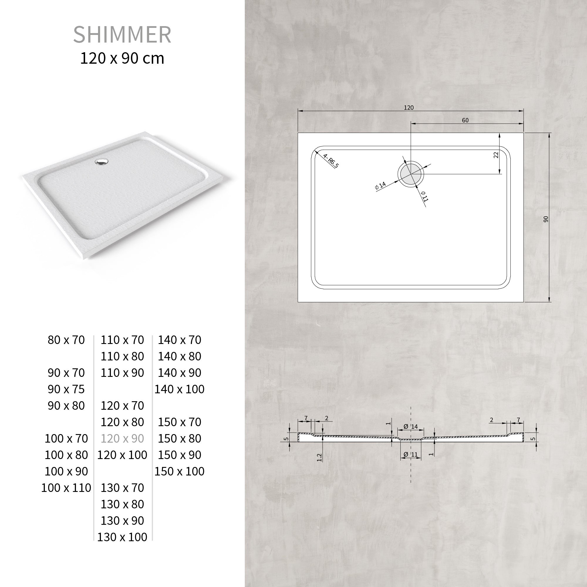 SHIMMER - Base de duche acrílica efeito pedra extraplana com acabamento branco e sifão incluído