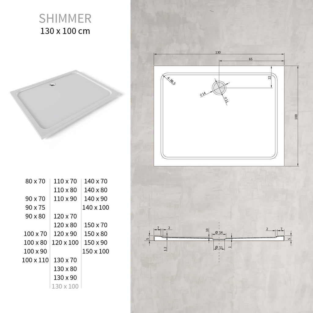 SHIMMER - Piatto doccia acrilico liscio ultrapiatto con finitura bianca e piletta inclusa