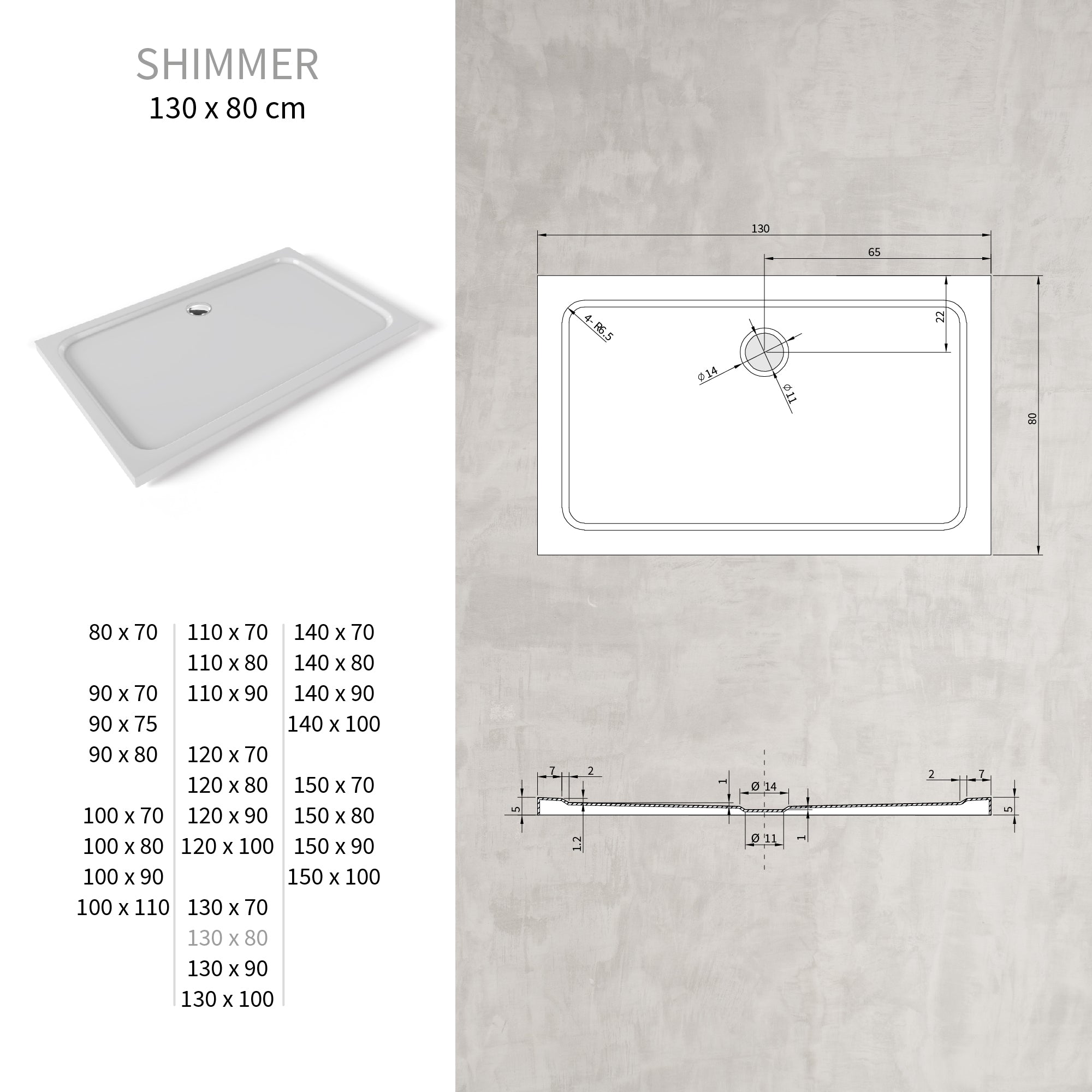 SHIMMER - Piatto doccia acrilico liscio ultrapiatto con finitura bianca e piletta inclusa