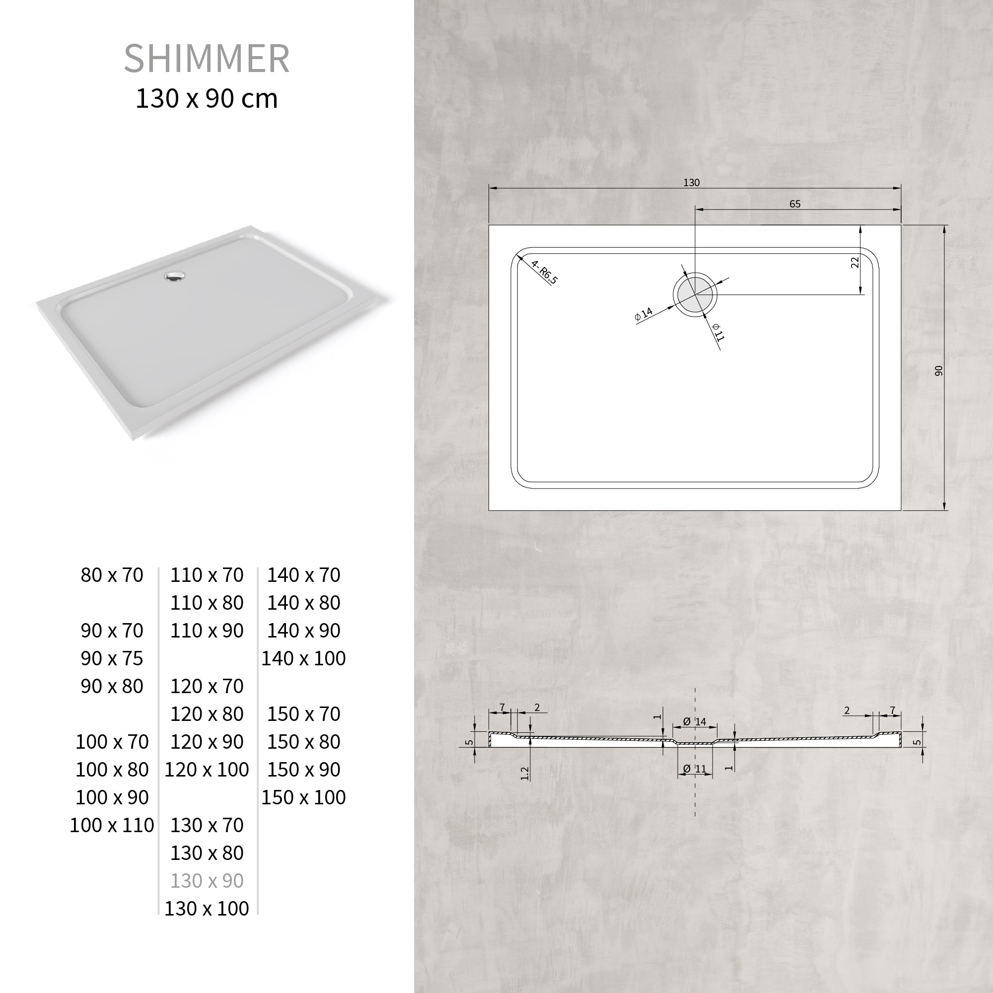 SHIMMER - Piatto doccia acrilico liscio ultrapiatto con finitura bianca e piletta inclusa