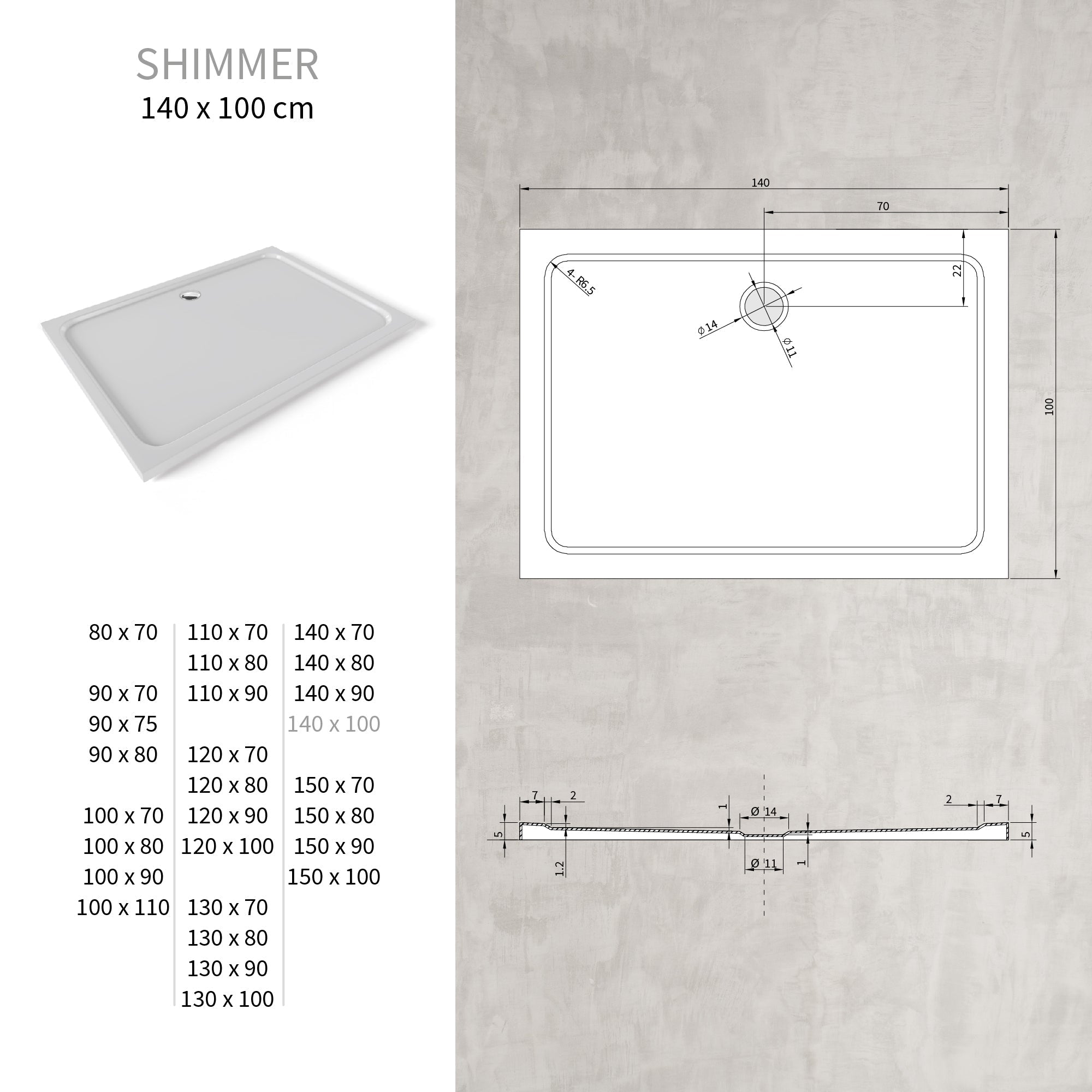 SHIMMER - Piatto doccia acrilico liscio ultrapiatto con finitura bianca e piletta inclusa
