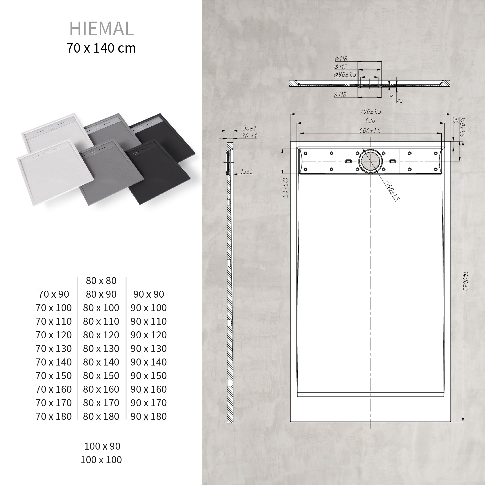 HIEMAL - Base de duche antiderrapante com acabamento preto e grelha inox incluída