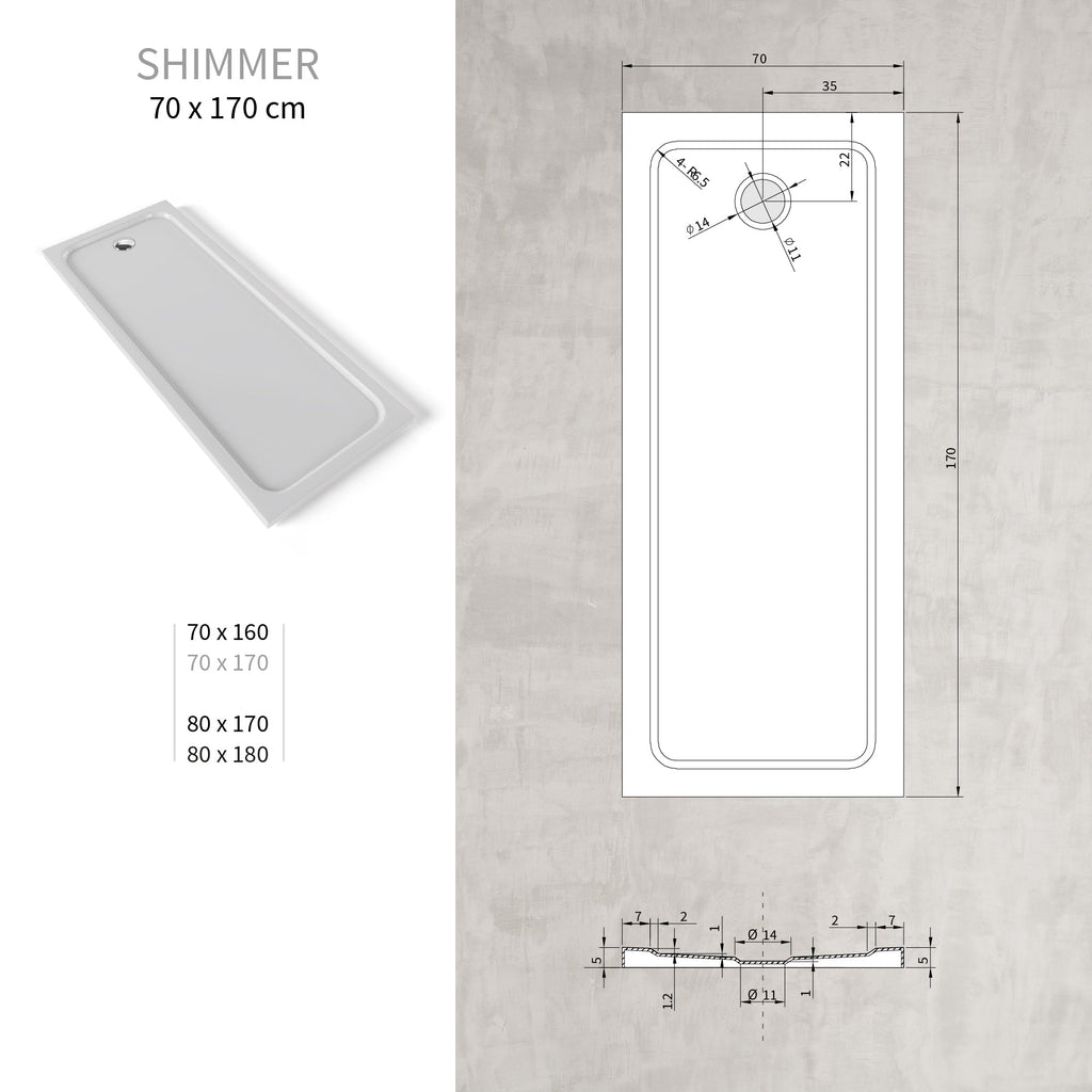 SHIMMER - Piatto doccia acrilico liscio ultrapiatto con finitura bianca e piletta inclusa