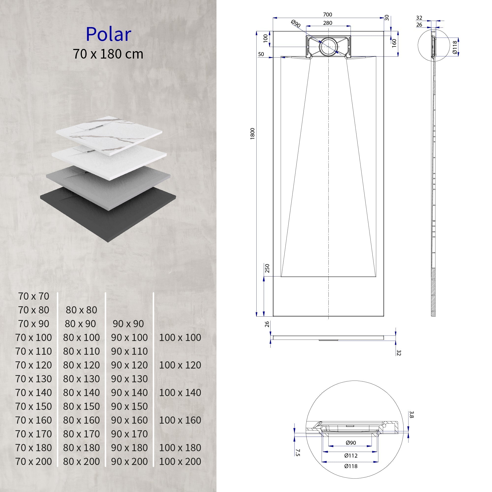 POLAR - Base de duche antiderrapante com acabamento branco e sifão incluído
