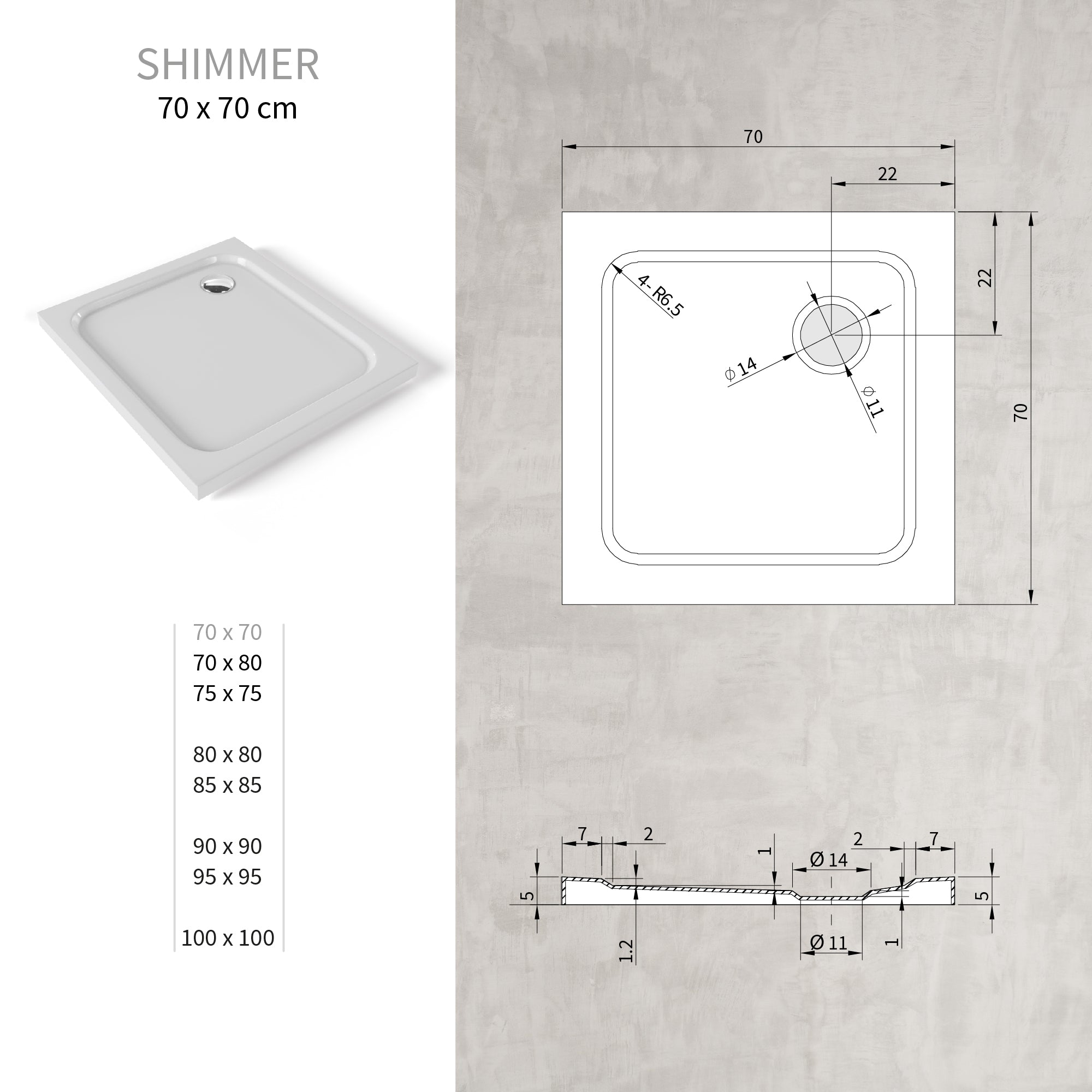 SHIMMER - Base de duche acrílica lisa extraplana com acabamento branco e sifão incluído