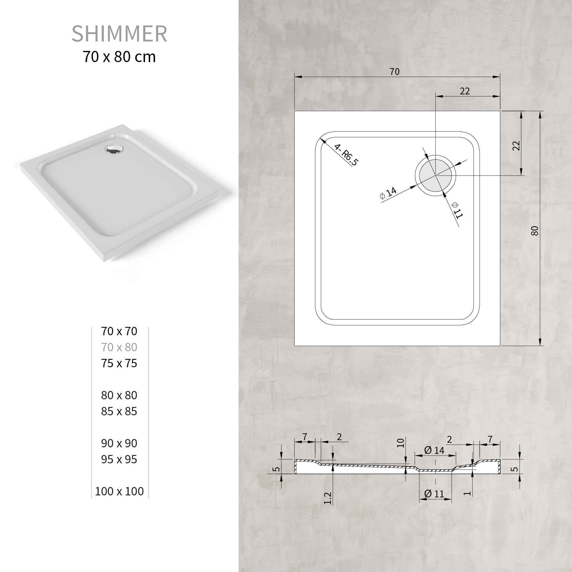 SHIMMER - Base de duche acrílica lisa extraplana com acabamento branco e sifão incluído