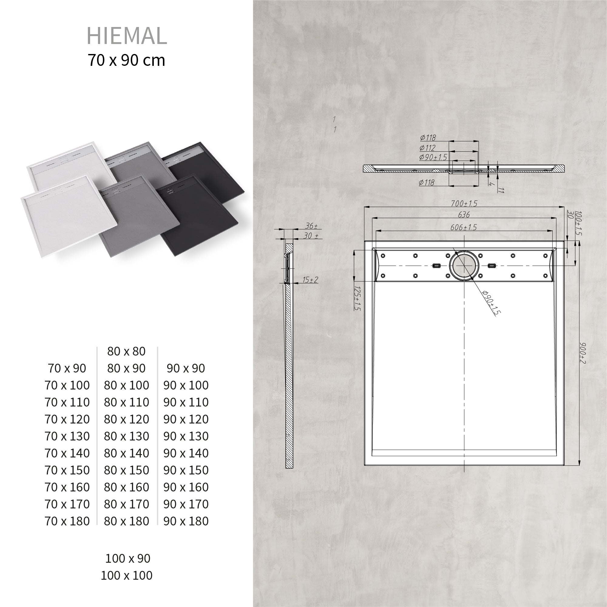 HIEMAL - Base de duche antiderrapante com acabamento branco e sifão incluído