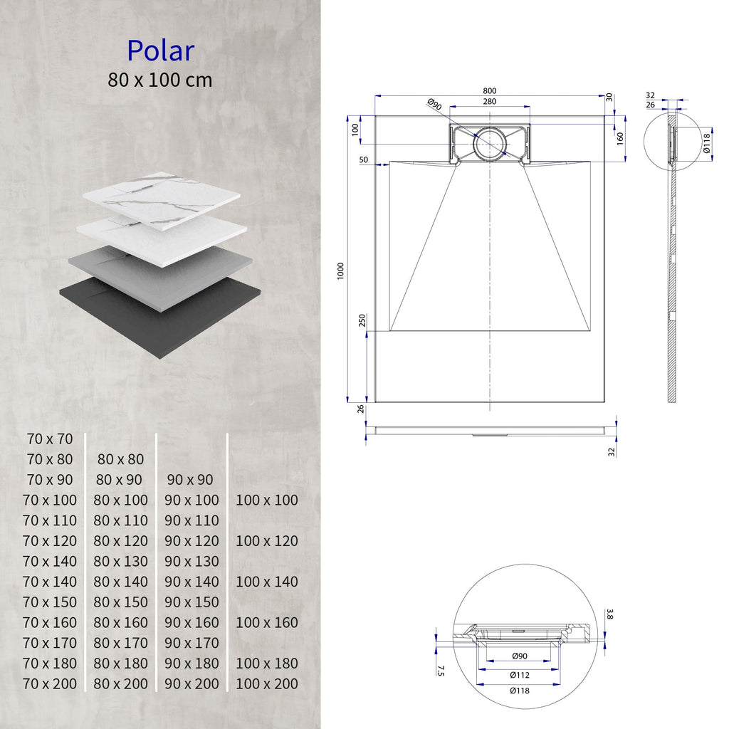 POLAR - Base de duche antiderrapante com acabamento branco e sifão incluído
