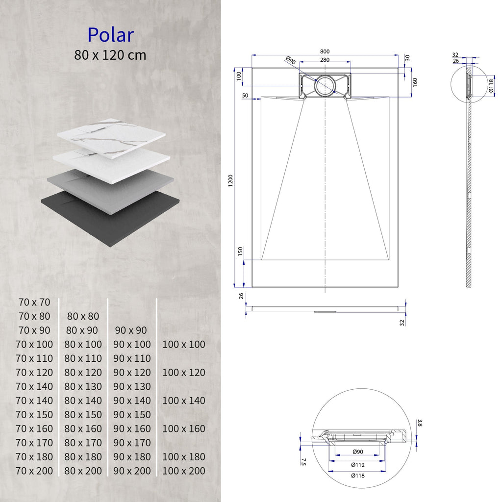 POLAR - Base de duche antiderrapante com acabamento preto e sifão incluído