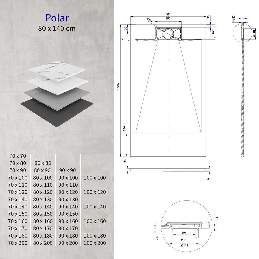 POLAR - Base de duche antiderrapante com acabamento preto e sifão incluído