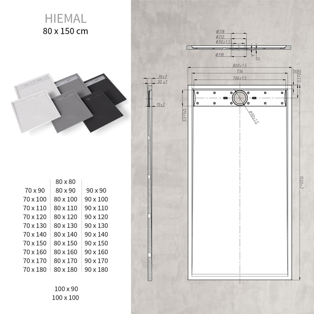 HIEMAL - Base de duche antiderrapante com acabamento preto e grelha inox incluída