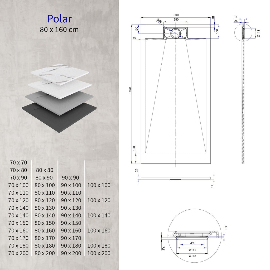 POLAR - Base de duche antiderrapante com acabamento preto e sifão incluído