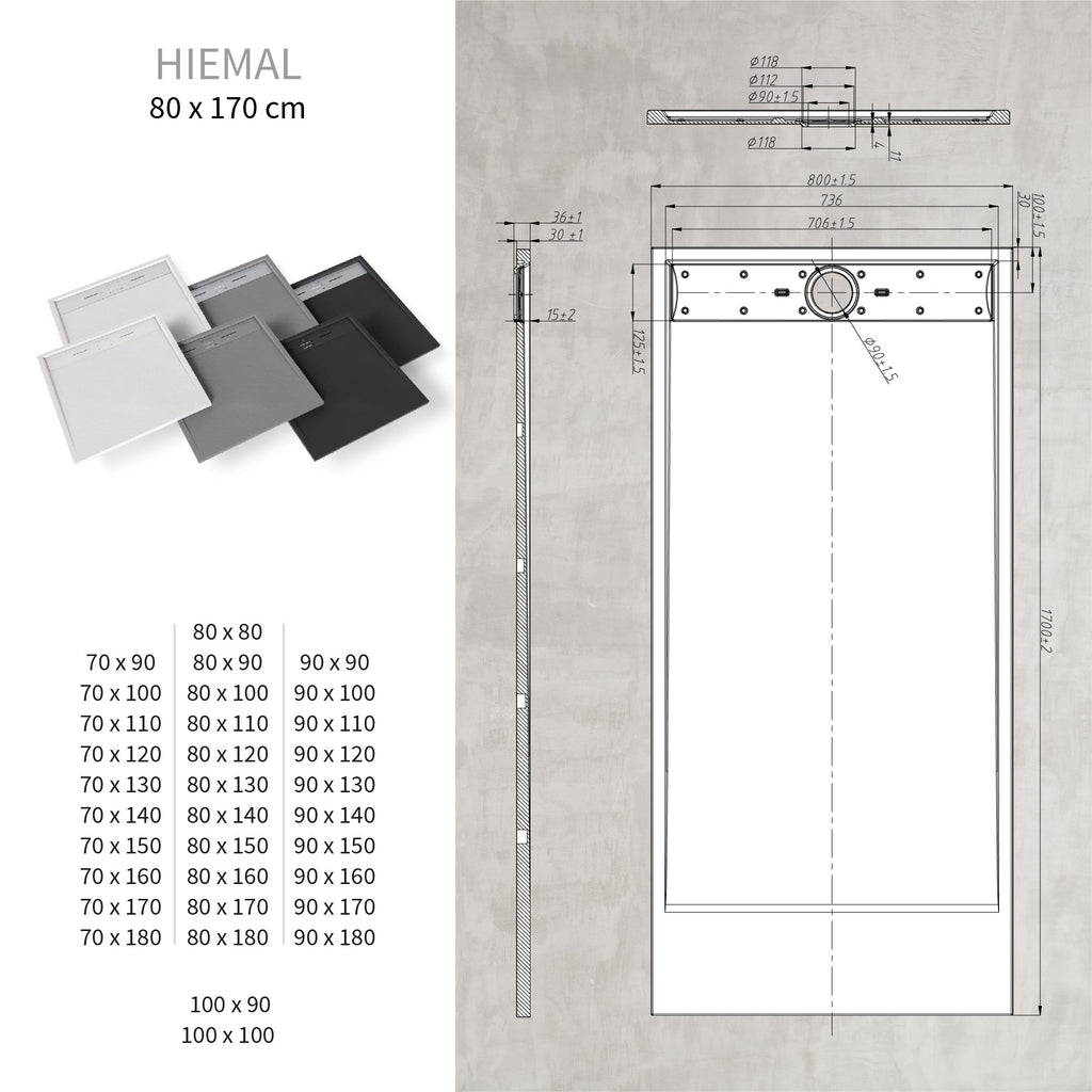 HIEMAL - Base de duche antiderrapante com acabamento preto e grelha inox incluída